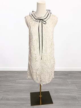 Kensie Cream Lace Sleeveless Dress with Ruffle Collar and Bow Tie